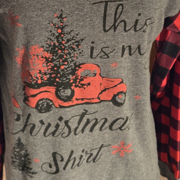 Buffalo Plaid Red & Black Sleeves Gray Shell Holiday Long Sleeve Tee Women M - Picture 4 of 10